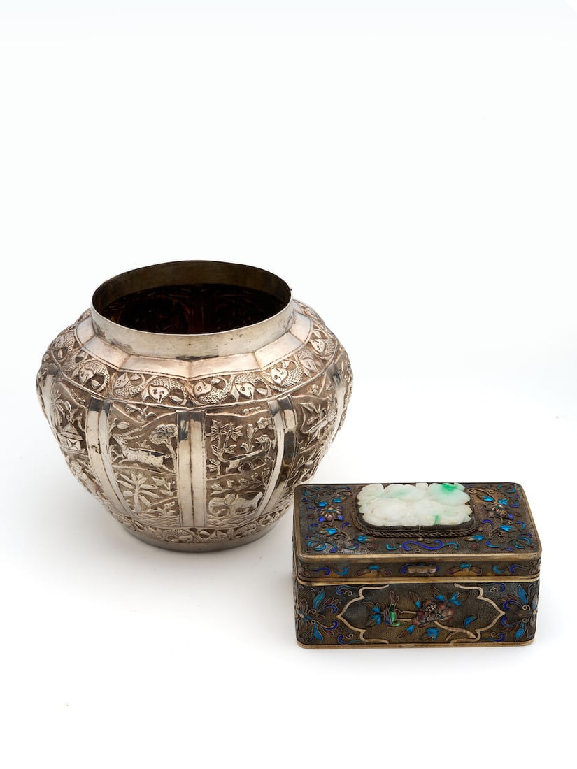 A Chinese jade inset cloisonné box with a Southeast Asian silver repoussé vase: A Chinese jade inset cloisonné box with a Southeast Asian silver repoussé vase the rectangular cloisonné box decorated overall with raised enamelled birds and flowers, the lid inset wit