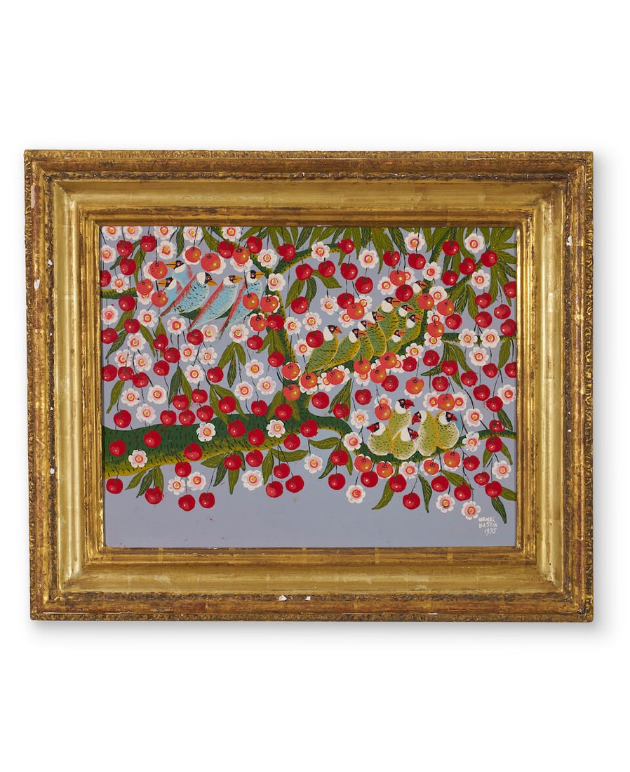Henri Bastin (1896-1979) Cherries and Birds, 1975: Henri Bastin (1896-1979) Cherries and Birds, 1975 signed and dated lower right: HENRI BASTIN 1975 titled, signed and dated on artist's label attached verso enamel on composition board 34.5 x 44.5cm