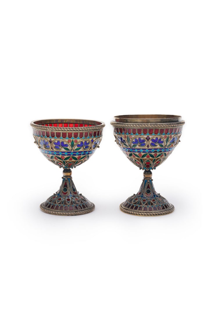 A pair of silver-gilt and enamel travelling egg cups Russian, late 19th/early 20th century, ma... (1 of 3)