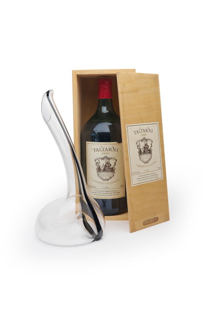 Reidel Black Tie Touch decanter with Taltarni Vineyards Cabernet Sauvignon, Double Magnum, 1990 ...: Reidel Black Tie Touch decanter with Taltarni Vineyards Cabernet Sauvignon, Double Magnum, 1990 Moonambel, Victoria, 3ltr., original box, one of fifty units bottled in this size, together with a Reide