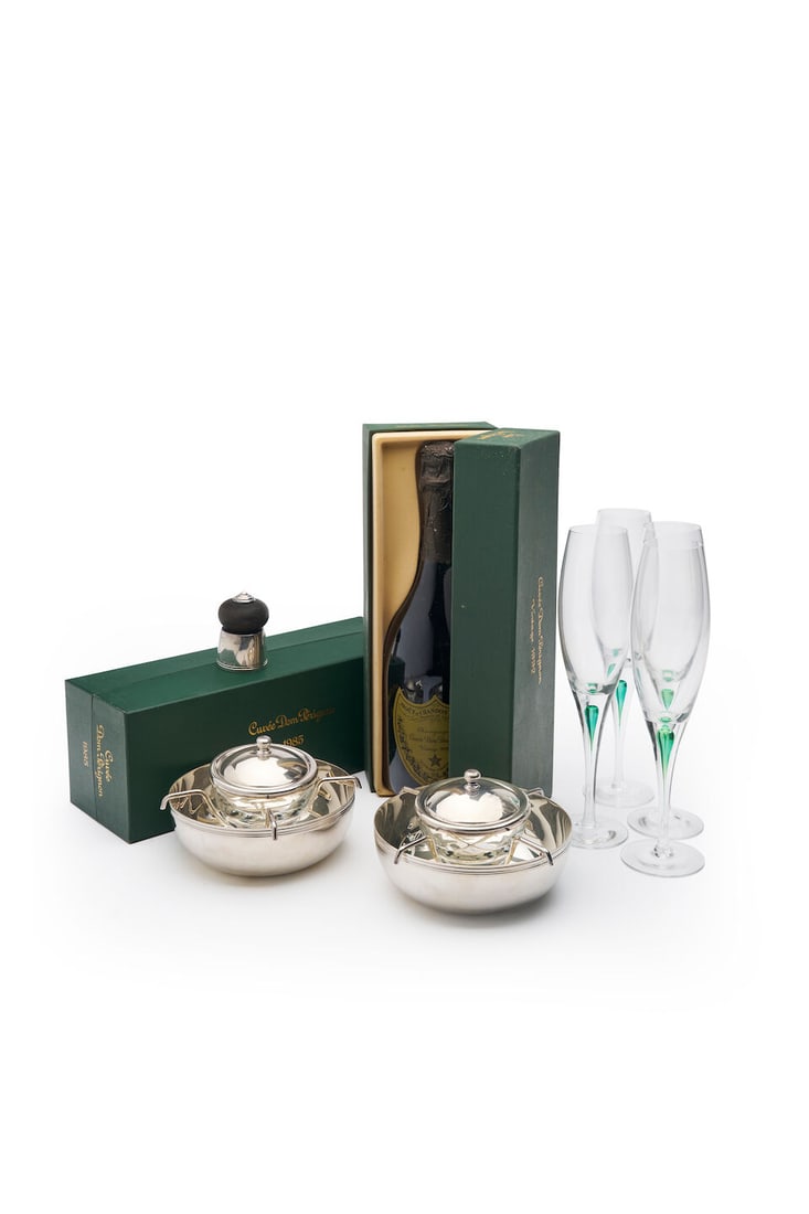 Dom Pérignon Cuvée, 1985 and 1992, with Christofle caviar dishes, champagne stopper, a...: Dom Pérignon Cuvée, 1985 and 1992, with Christofle caviar dishes, champagne stopper, and Orrefors champagne flutes Christofle stamped with maker's marks, champagne with original boxes, toget