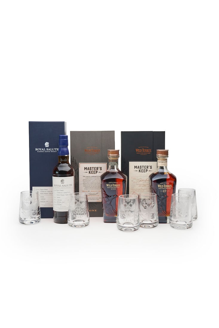 Wild Turkey Master's Keep, Wild Turkey Master's Keep ONE, and Royal Salute Blended Scotch Whisky...: Wild Turkey Master's Keep, Wild Turkey Master's Keep ONE, and Royal Salute Blended Scotch Whisky, with Russian etched crystal tumblers all in original presentation boxes, Wild Turkey Master's Keep, 17