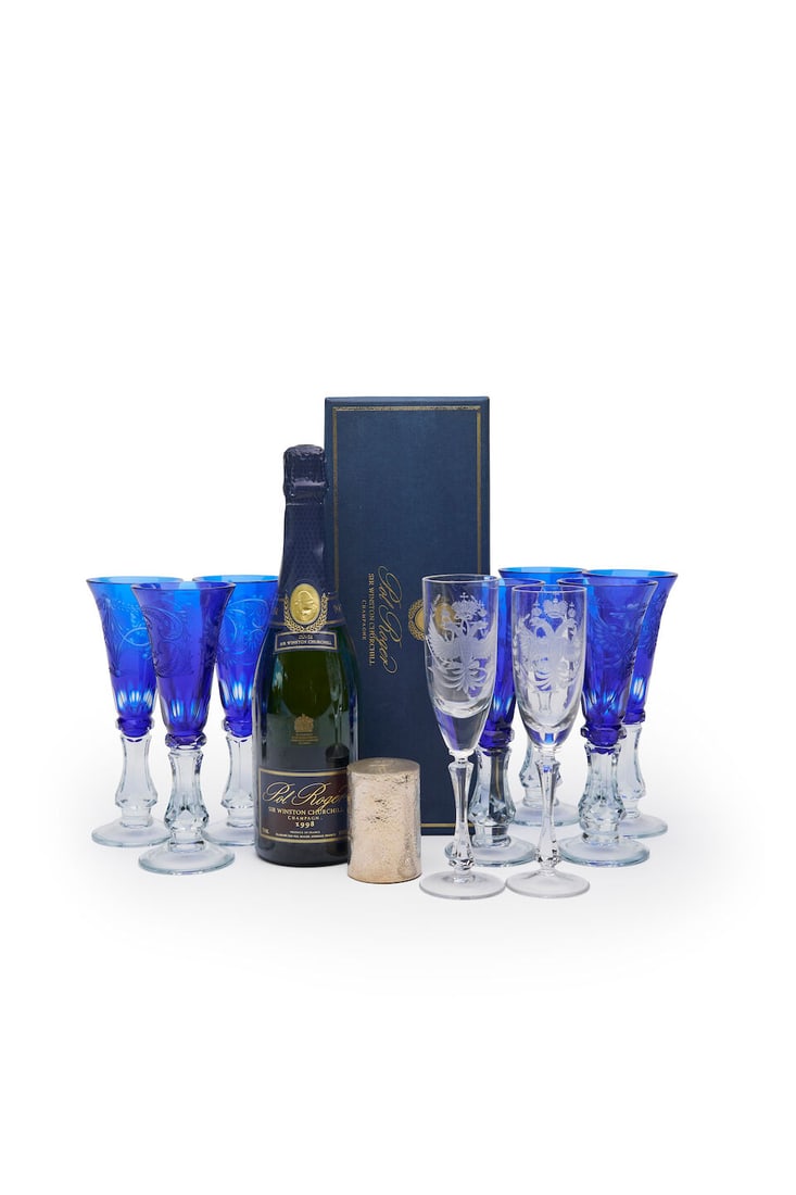 Pol Roger Sir Winston Churchill Champagne, 1998, with Russian stemware (11): Pol Roger Sir Winston Churchill Champagne, 1998, with Russian stemware original champagne presentation box, the silver-plate champagne stopper with hammered finish and engraved 'L', seven Russian