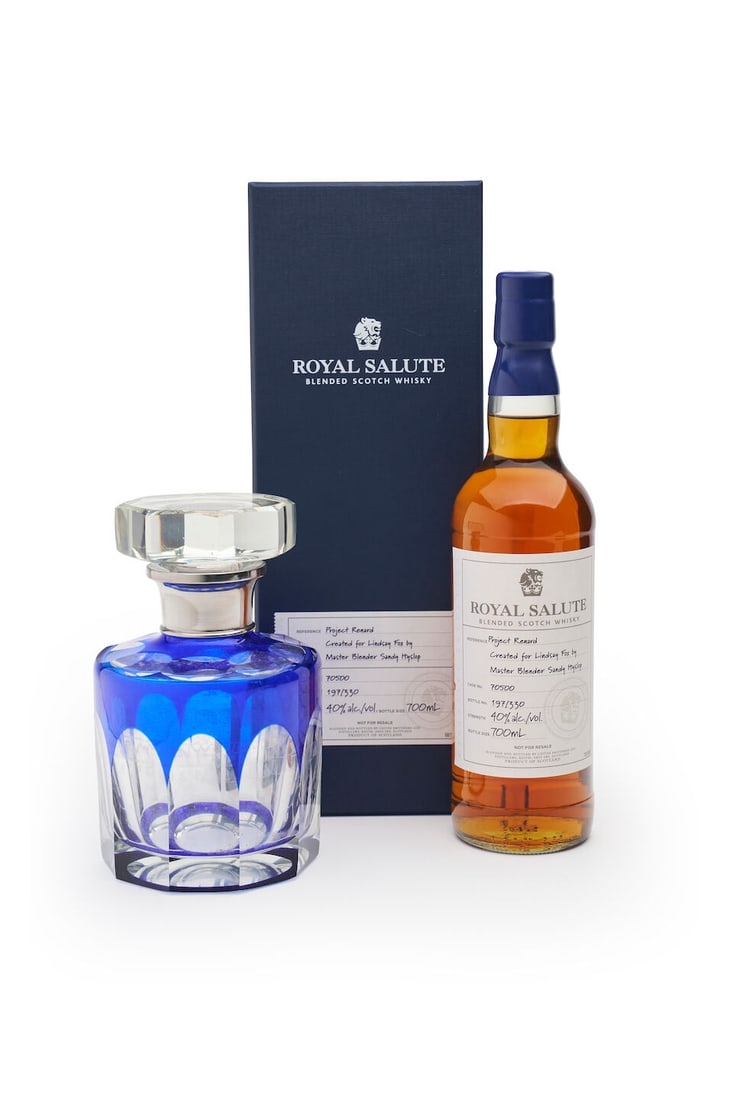 Royal Salute Blended Scotch Whisky and a blue cased-crystal decanter cask no.70500, bottle no.19...: Royal Salute Blended Scotch Whisky and a blue cased-crystal decanter cask no.70500, bottle no.197/330, together with a blue cased-crystal whisky decanter of octagonal form with a silver-plated