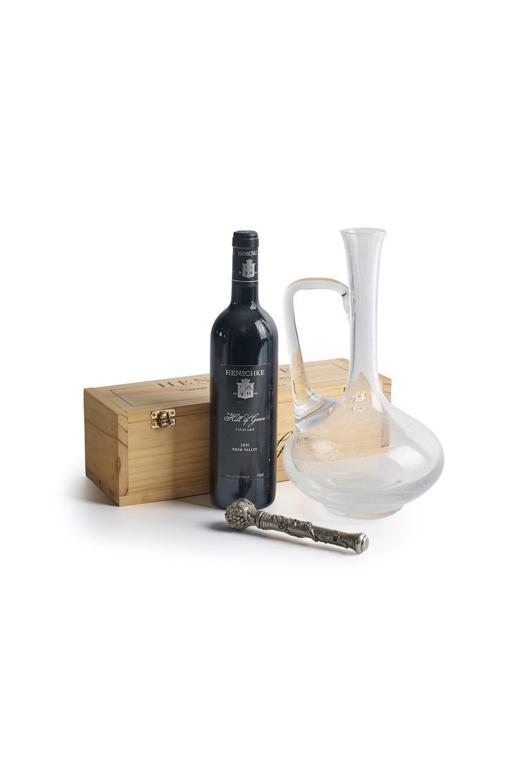 Henschke Hill of Grace, 2001, with a crystal decanter and wine thermometer Eden Valley, South Au...: Henschke Hill of Grace, 2001, with a crystal decanter and wine thermometer Eden Valley, South Australia, 750ml, bottle no. 11808, original box, with a mouth-blown lead crystal handled decanter and a