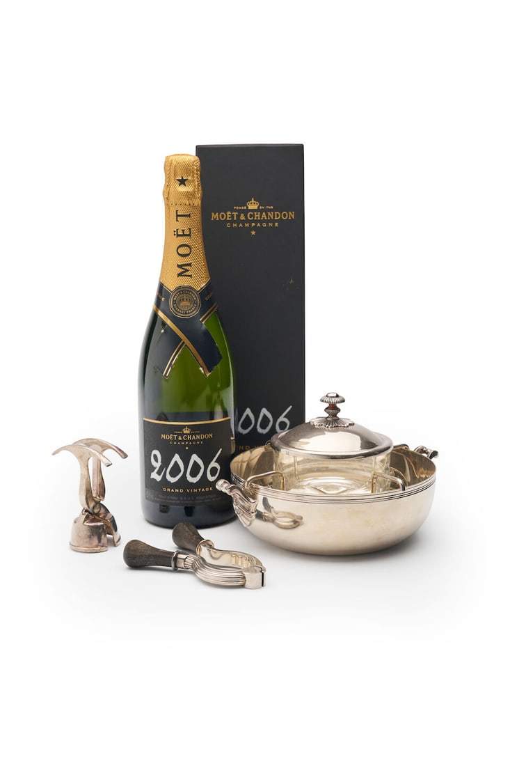 Christofle | Malmaison pattern caviar dish and bottle opener with Moët & Chandon Champagne,...: Christofle | Malmaison pattern caviar dish and bottle opener with Moët & Chandon Champagne, Grand Vintage, 2006 (750ml) the caviar dish with outer mirror polished dish and lidded crystal containe