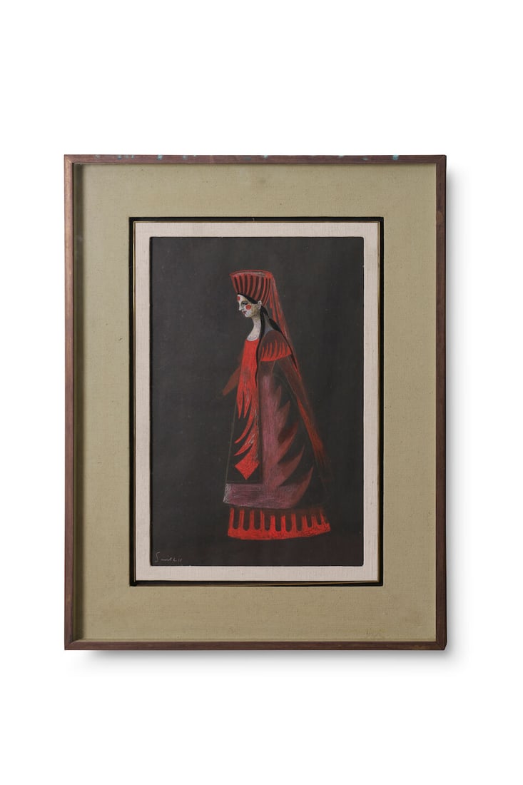 Loudon Sainthill (1919-1969) 'The Servants', Costume design for Act 1, from 'Le Coq d'Or': Loudon Sainthill (1919-1969) 'The Servants', Costume design for Act 1, from 'Le Coq d'Or' signed lower left: 'Sainthill' chalk on black card 48.0 x 30.0cm (18 7/8 x 11
