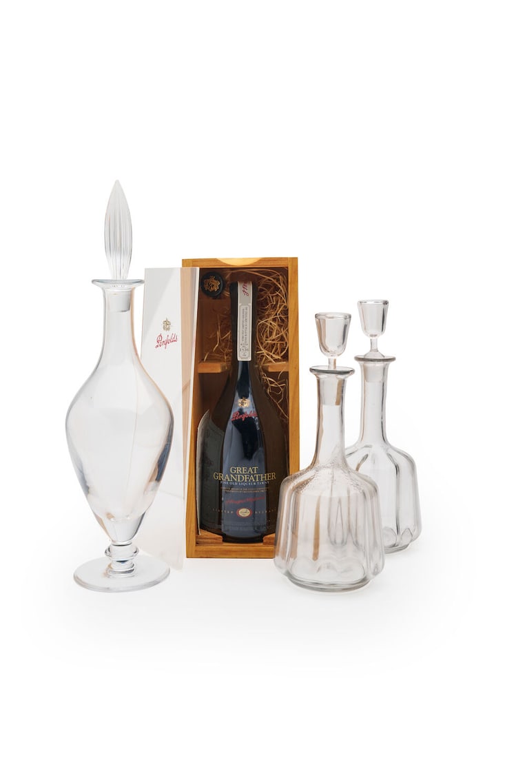 Christofle | crystal decanter and a pair of glass decanters, with Penfolds Great Grandfather Fi...: Christofle | crystal decanter and a pair of glass decanters, with Penfolds Great Grandfather Fine Old Liqueur Port NV, 1998 Limited release, bottle no. 1836 of 1998, original presentation box, togethe