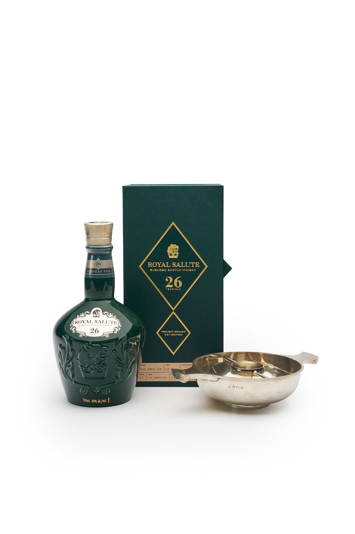 Royal Salute 26-year Blended Scotch Whisky and an English silver quaich and spirit measure Bottl...: Royal Salute 26-year Blended Scotch Whisky and an English silver quaich and spirit measure Bottle no. 317, boxed, together with a circular drinking vessel with two shaped integral handles and separate