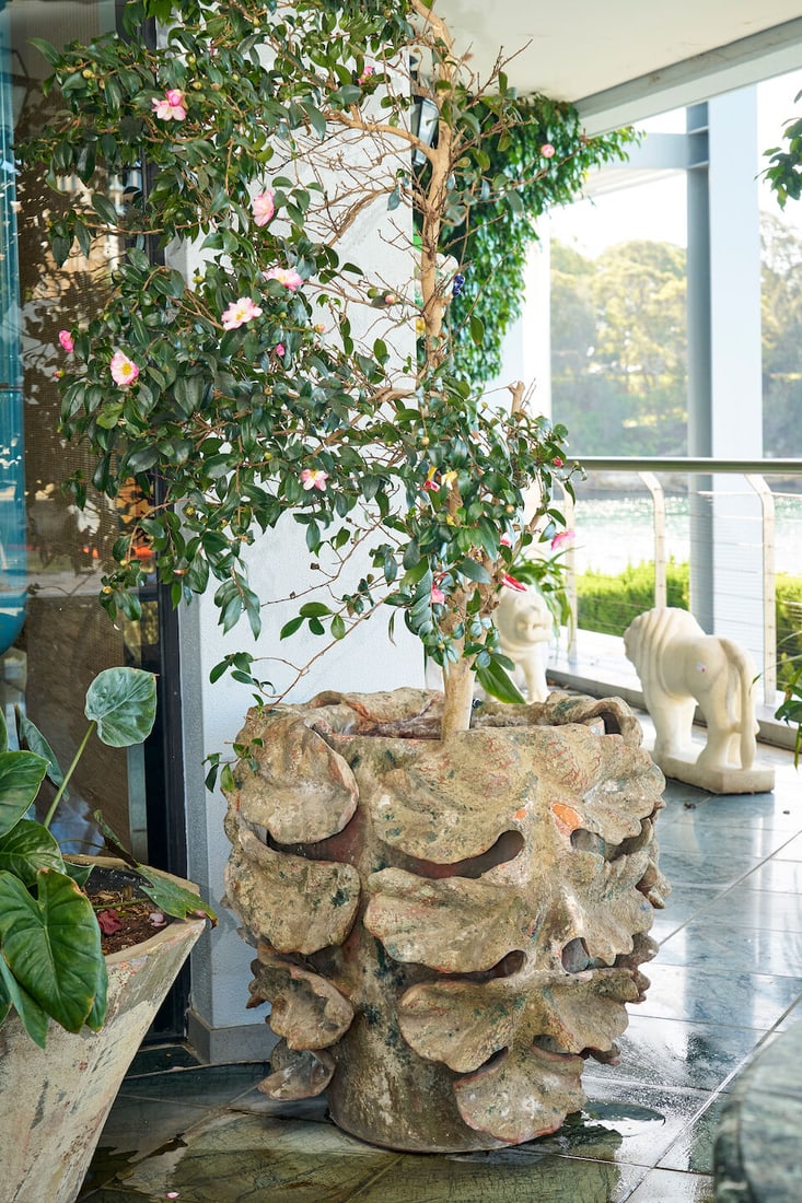 A large terracotta 'Acanthus' planter, French,: A large terracotta 'Acanthus' planter, French, hand-built with applied leaf decoration, planted with a pink camellia, height of planter: 73.0cm, diameter of planter top: 70.0cm This lot is subject to