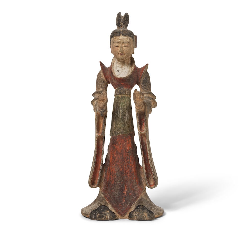 STATUETTE DE DAME DE COUR EN PIERRE POLYCHROME DE STYLE TANG XXe siècle: STATUETTE DE DAME DE COUR EN PIERRE POLYCHROME DE STYLE TANG XXe siècle A SMALL TANG-STYLE POLYCHROME STONE FIGURE OF A COURT LADY 20th century 31 cm (12 1/4 in.) high Footnotes: Provenance: Acqu