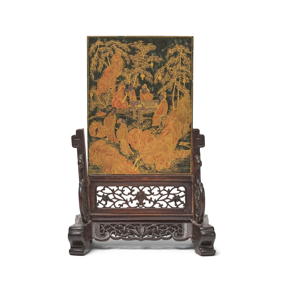 PLAQUE EN JADE VERT ÉPINARD À DÉCOR D'OR ET D'ARGENT Dynastie Qing, XIXe siè... - 3