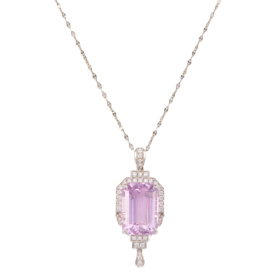 PLATINUM, KUNZITE, AND DIAMOND PENDANT NECKLACE (1 of 2)