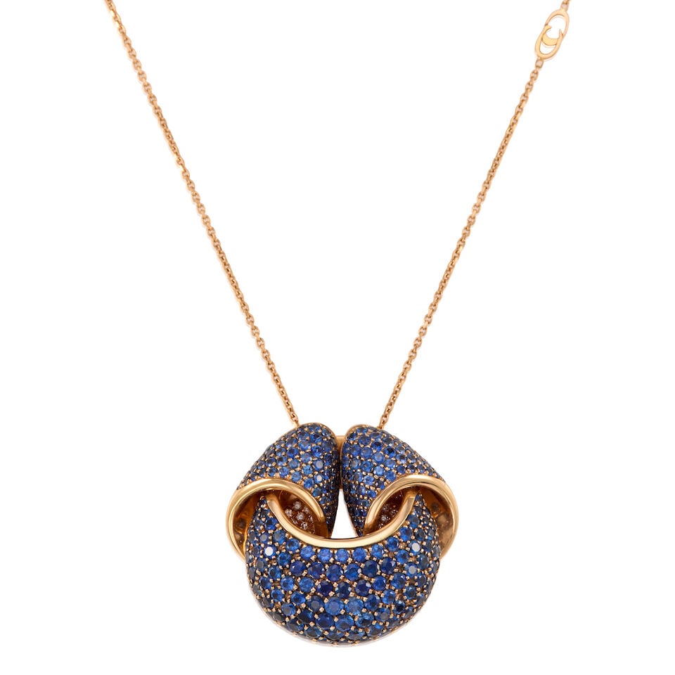 CHIMENTO: 18K GOLD, SAPPHIRE AND DIAMOND PENDANT NECKLACE: CHIMENTO: 18K GOLD, SAPPHIRE AND DIAMOND PENDANT NECKLACE • 18k rose gold • Numerous round diamond accents • Numerous round sapphires weighing approximately 4.20 - 6.20 carats total