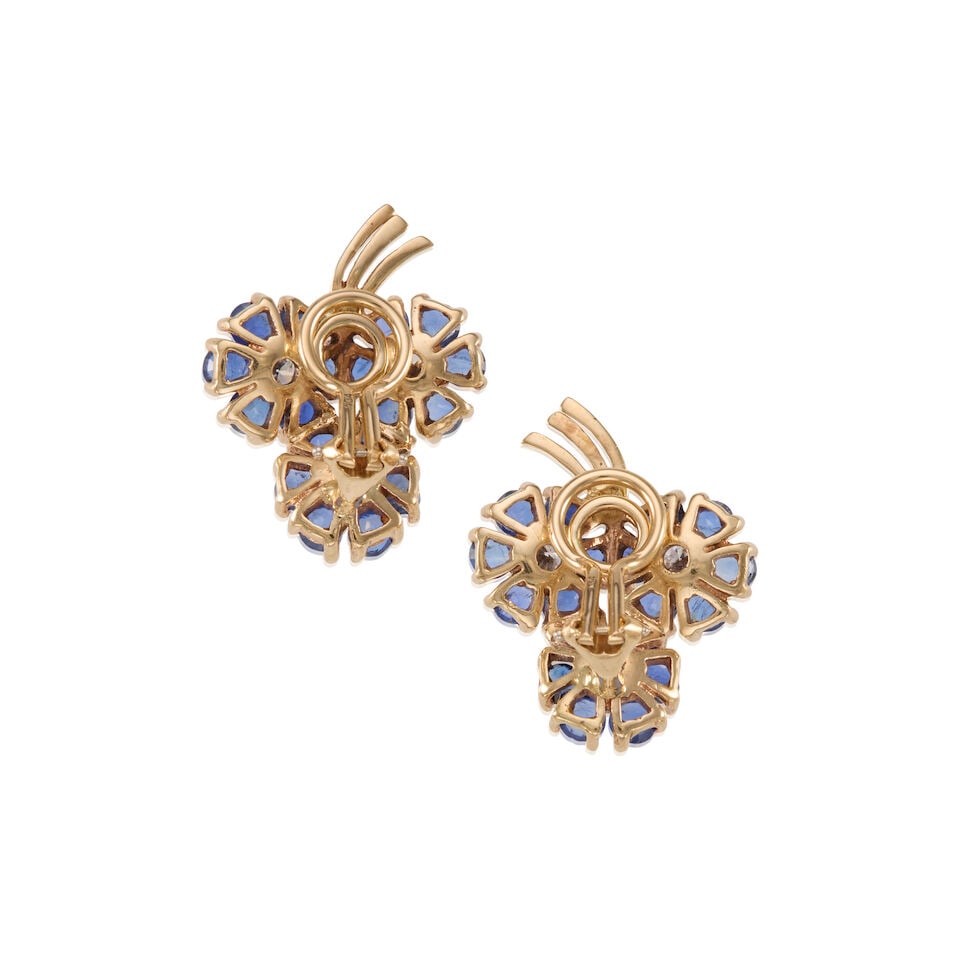 PAIR OF 12K GOLD, SAPPHIRE AND DIAMOND EARCLIPS - 2