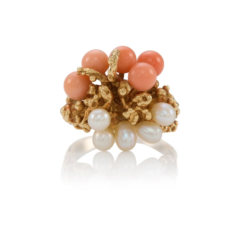 14K GOLD, CORAL AND CULTURED PEARL EARRINGS: 14K GOLD, CORAL AND CULTURED PEARL EARRINGS • 14k yellow gold • 5 round coral elements measuring approximately 4.82 - 4.98 mm • 5 baroque cultured pearls measuring approximately 3.80
