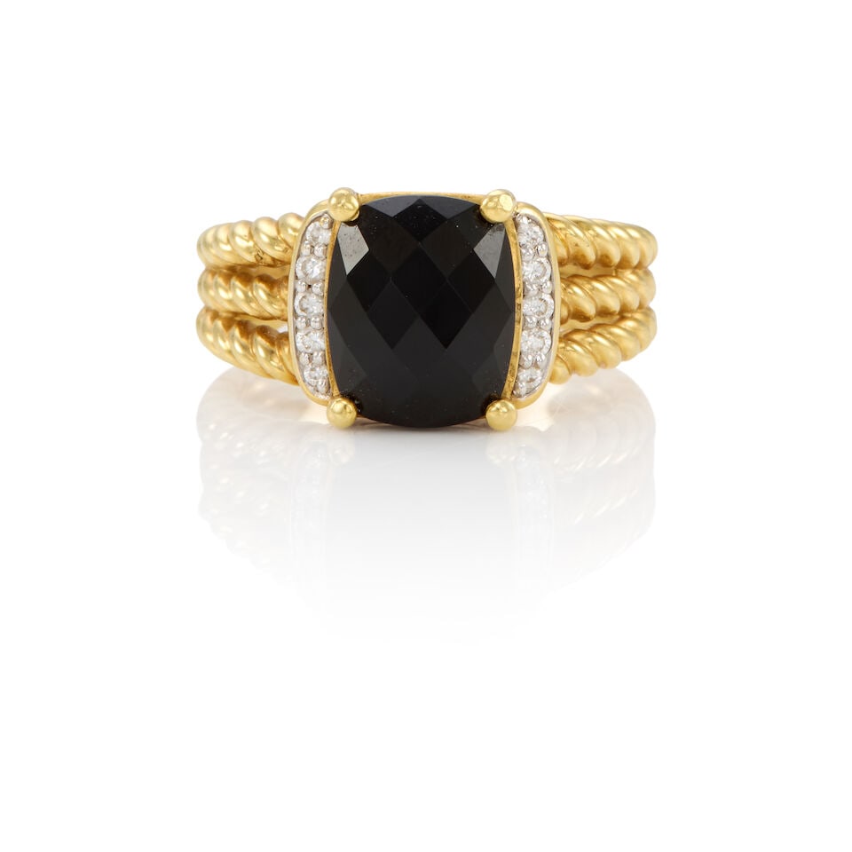 DAVID YURMAN: 18K GOLD, ONYX AND DIAMOND RING: DAVID YURMAN: 18K GOLD, ONYX AND DIAMOND RING • 18k yellow gold • 10 round diamonds weighing approximately 0.02 - 0.05 carat total • 1 faceted onyx cabochon measuring approximately
