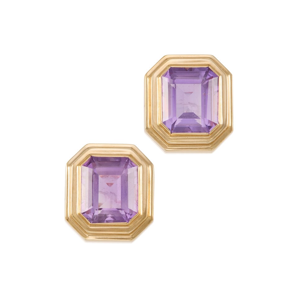 PAIR OF 14K GOLD AND AMETHYST EARRINGS: PAIR OF 14K GOLD AND AMETHYST EARRINGS • 14k yellow gold • 2 rectangular amethysts weighing approximately 14.00 - 14.50 carats total • Measures 7/8 x 3/4 in. • Estimated gross