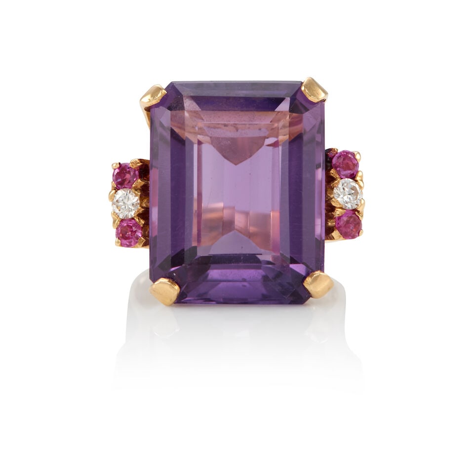 14K GOLD, AMETHYST AND DIAMOND RING: 14K GOLD, AMETHYST AND DIAMOND RING • 14k yellow gold • 2 round diamonds weighing approximately 0.05 - 0.10 carat total • 4 round rubies weighing approximately 0.10 - 0.20 carat