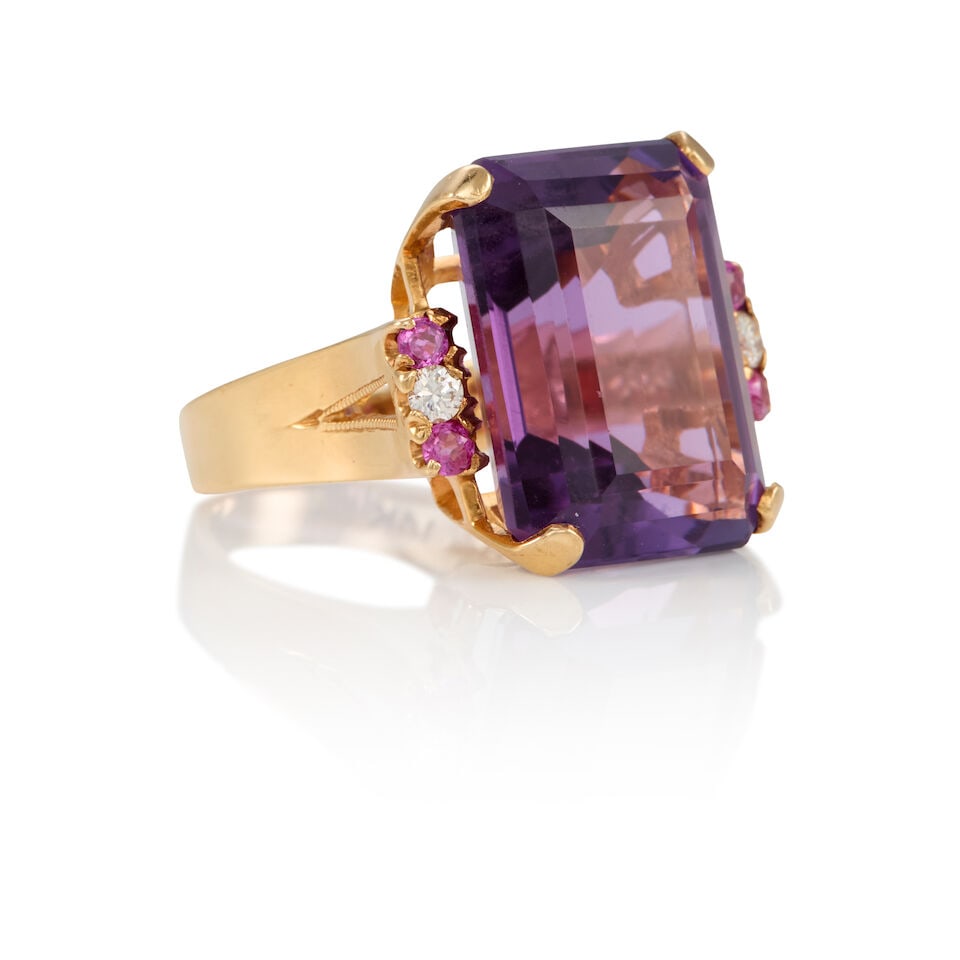 14K GOLD, AMETHYST AND DIAMOND RING - 2