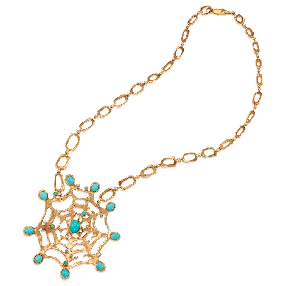 GOLD, TURQUOISE AND DIAMOND NECKLACE: GOLD, TURQUOISE AND DIAMOND NECKLACE • 14k yellow gold, clasp is gold-plated silver • Numerous round and oval turquoise cabochons measuring approximately 1.58mm - 11.25mm • 5 round