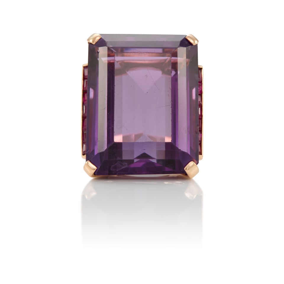 14K GOLD, AMETHYST AND RUBY RING: 14K GOLD, AMETHYST AND RUBY RING • 14k rose gold • 14 square rubies weighing approximately 0.65 - 0.75 carat total • 1 rectangular amethyst weighing approximately approximately