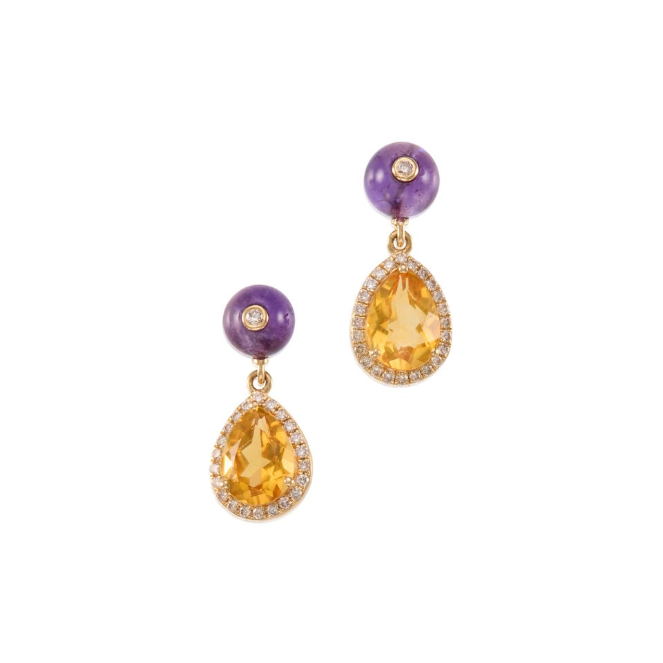 PAIR OF 14K GOLD, DIAMOND AND GEM-SET EARRINGS: PAIR OF 14K GOLD, DIAMOND AND GEM-SET EARRINGS • 14k yellow gold • Numerous round diamonds weighing approximately 0.05 - 0.15 carat total • 2 pear-shaped citrines weighing