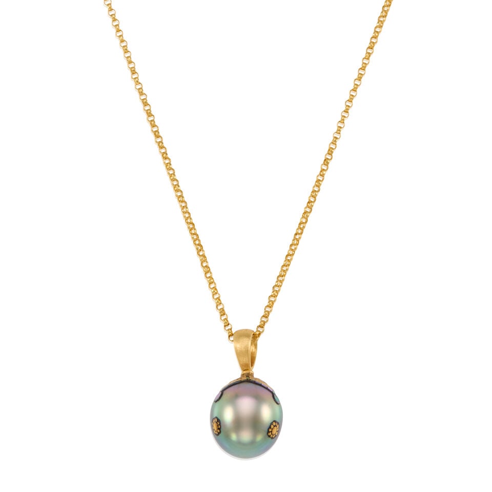 18K GOLD AND CULTURED PEARL ART PENDANT NECKLACE - 2