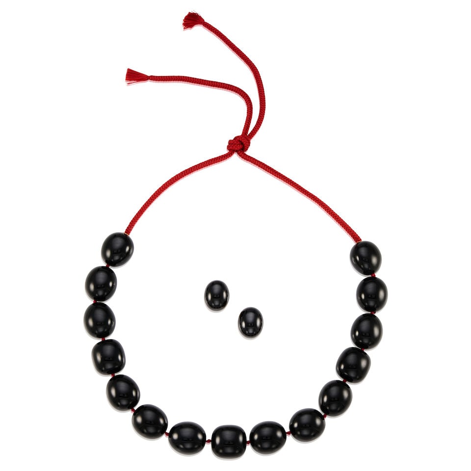 GROUP OF GOLD AND JADE JEWELRY: GROUP OF GOLD AND JADE JEWELRY • One necklace of silk cord, 14k yellow gold caps and 15 jade beads measuring approximately 23.45 x 20.45 mm each, length 32 in. (adjustable) • Pair of