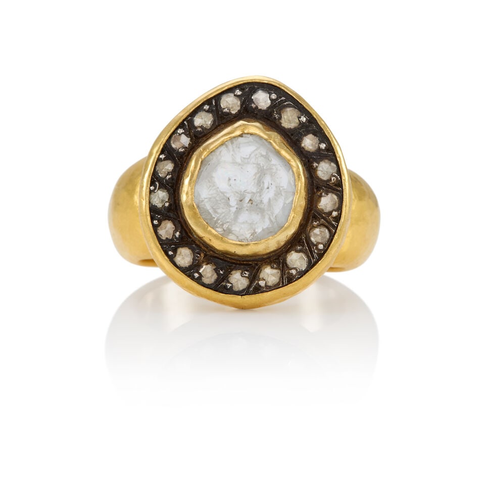 ARA: 23K GOLD AND DIAMOND RING: ARA: 23K GOLD AND DIAMOND RING • 23k yellow gold • Numerous rose-cut diamonds measuring approximately 1.85 mm • 1 center diamond slice backed with material that cannot be tested R