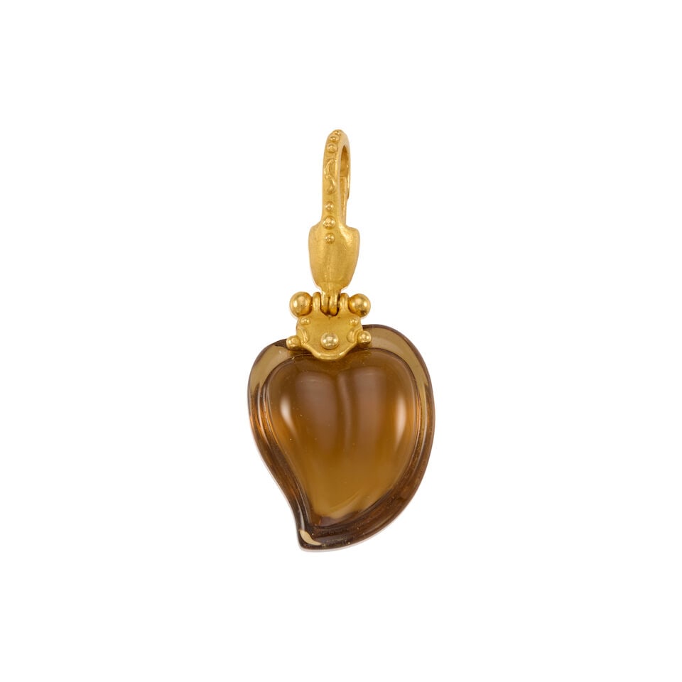 DENISE ROBERGE: 22K GOLD AND CITRINE PENDANT ENHANCER: DENISE ROBERGE: 22K GOLD AND CITRINE PENDANT ENHANCER • 22k yellow gold • 1 carved heart-shaped citrine • Signed DR • Measures 2 1/8 x 7/8 in. • Estimated gross weight: