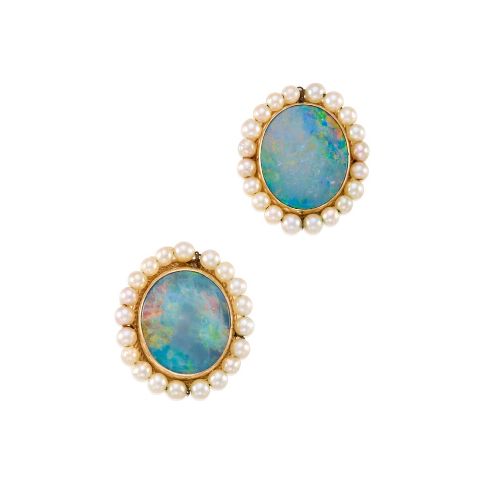 PAIR OF 14K GOLD, OPAL DOUBLET AND CULTURED PEARL EARRINGS (1 of 2)