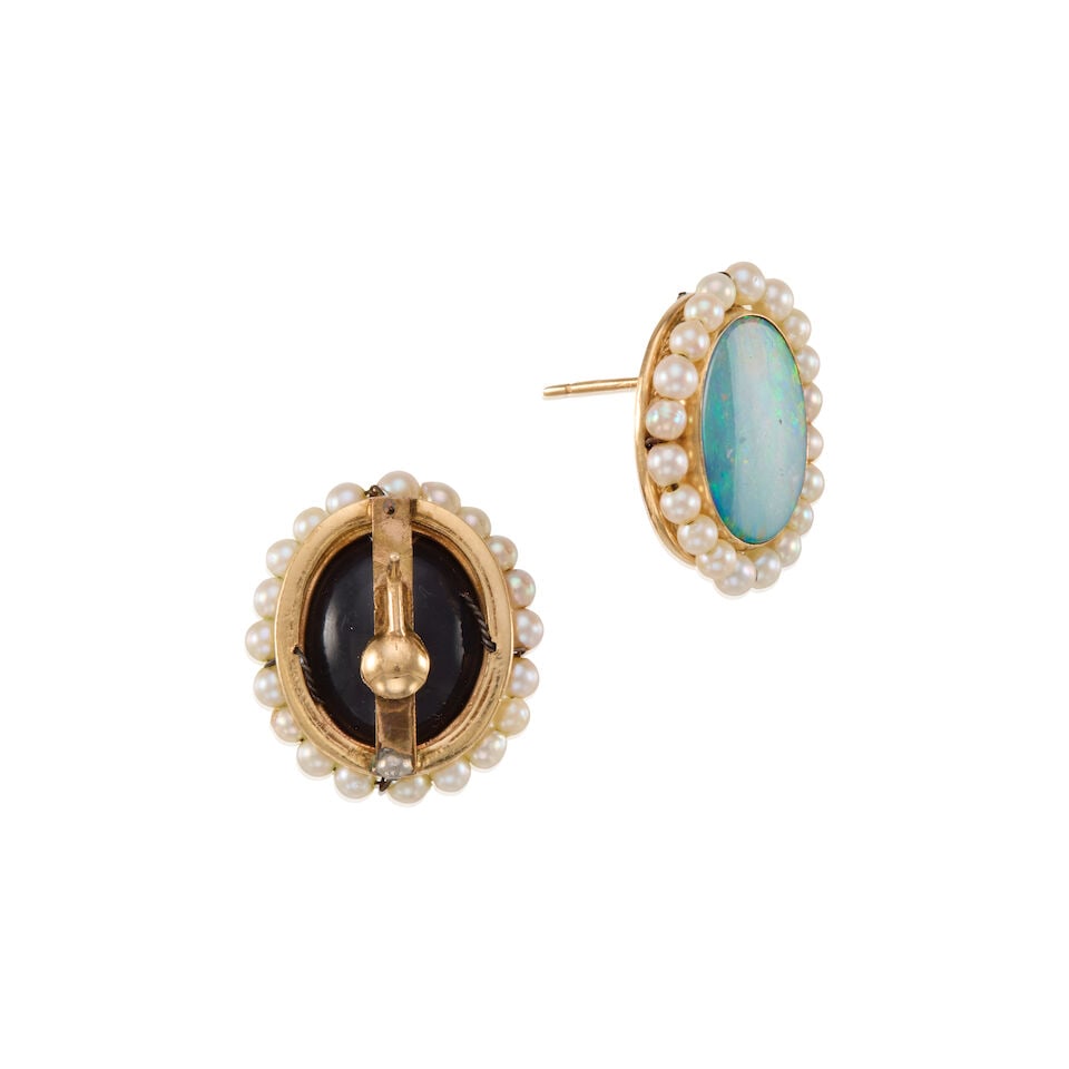 PAIR OF 14K GOLD, OPAL DOUBLET AND CULTURED PEARL EARRINGS - 2