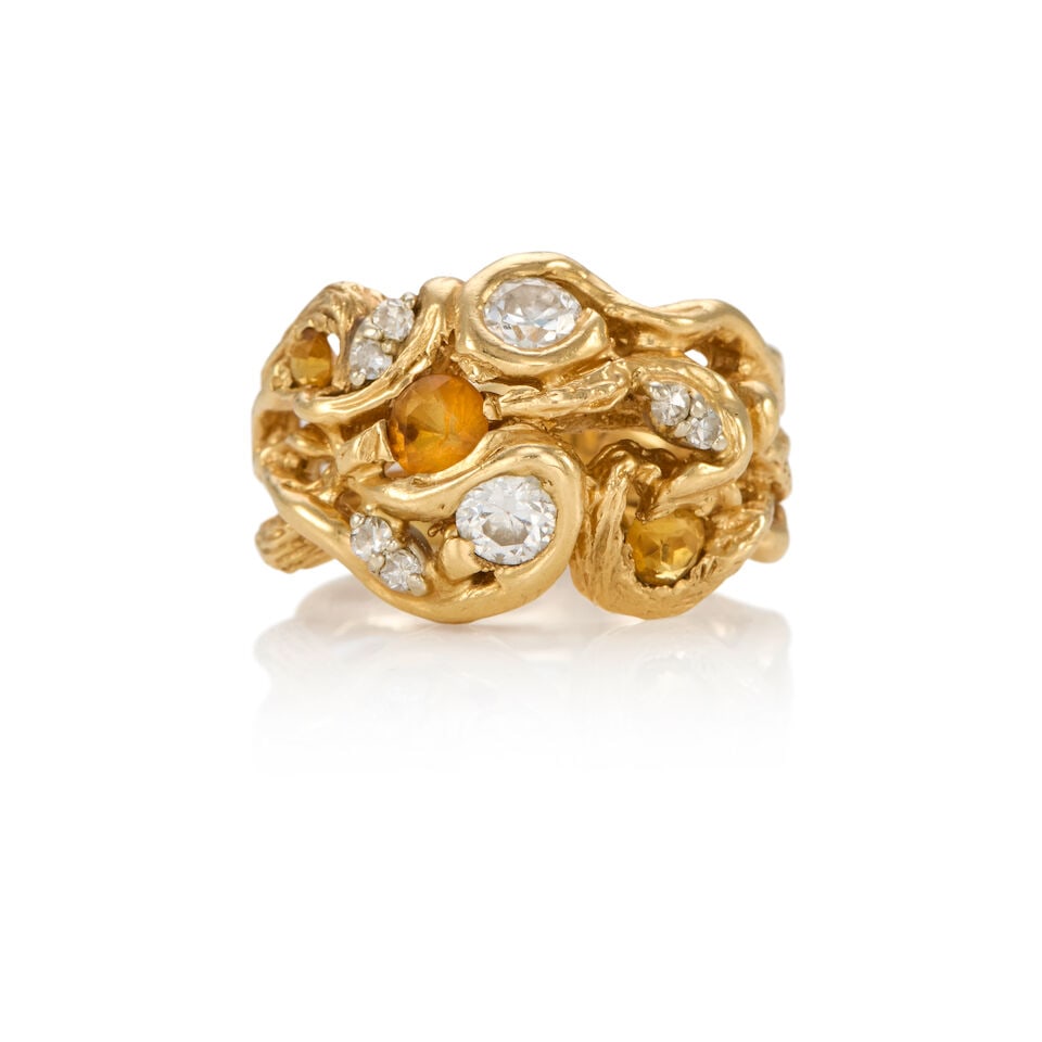 14K GOLD, CITRINE, AND DIAMOND RING: 14K GOLD, CITRINE, AND DIAMOND RING • 14K yellow gold • Three round shaped citrines measuring approximately 0.30 carat total • Numerous round shaped diamonds weighing approximately