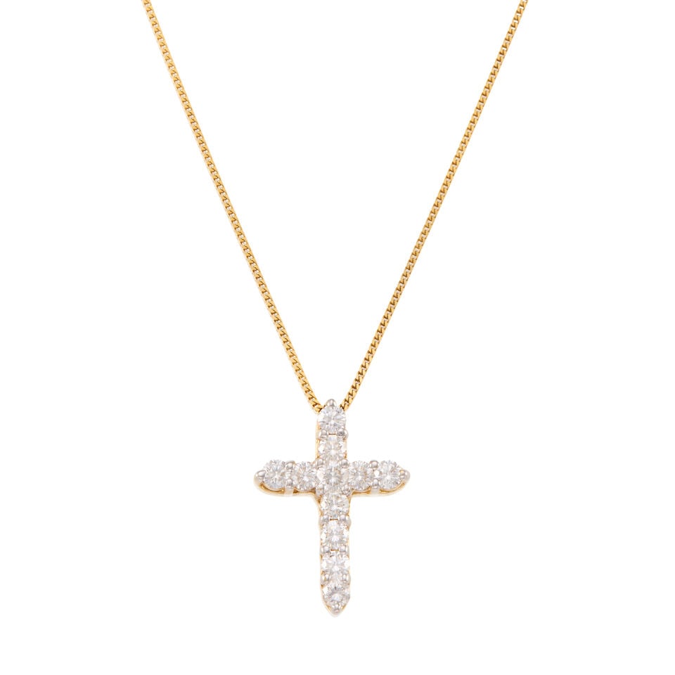 14K GOLD AND DIAMOND CROSS PENDANT NECKLACE: 14K GOLD AND DIAMOND CROSS PENDANT NECKLACE • 14k yellow and white gold • 11 round diamonds weighing approximately 1.05 - 1.15 carat total • Length 16 1/8 in., pendant measures 15/1 