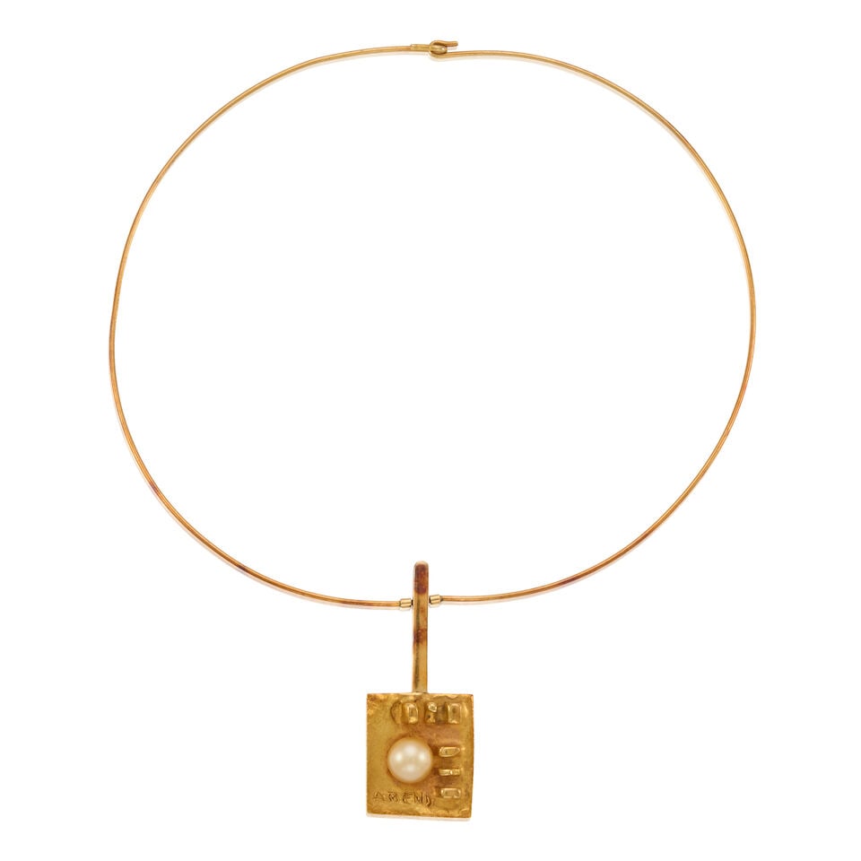 18K GOLD AND CULTURED PEARL PENDANT NECKLACE: 18K GOLD AND CULTURED PEARL PENDANT NECKLACE • 18K yellow gold • One cultured pearl measuring 8.03mm in diameter • Stamped ABEND • Pendant measures 1 3/4 in. x 3/4 in. •