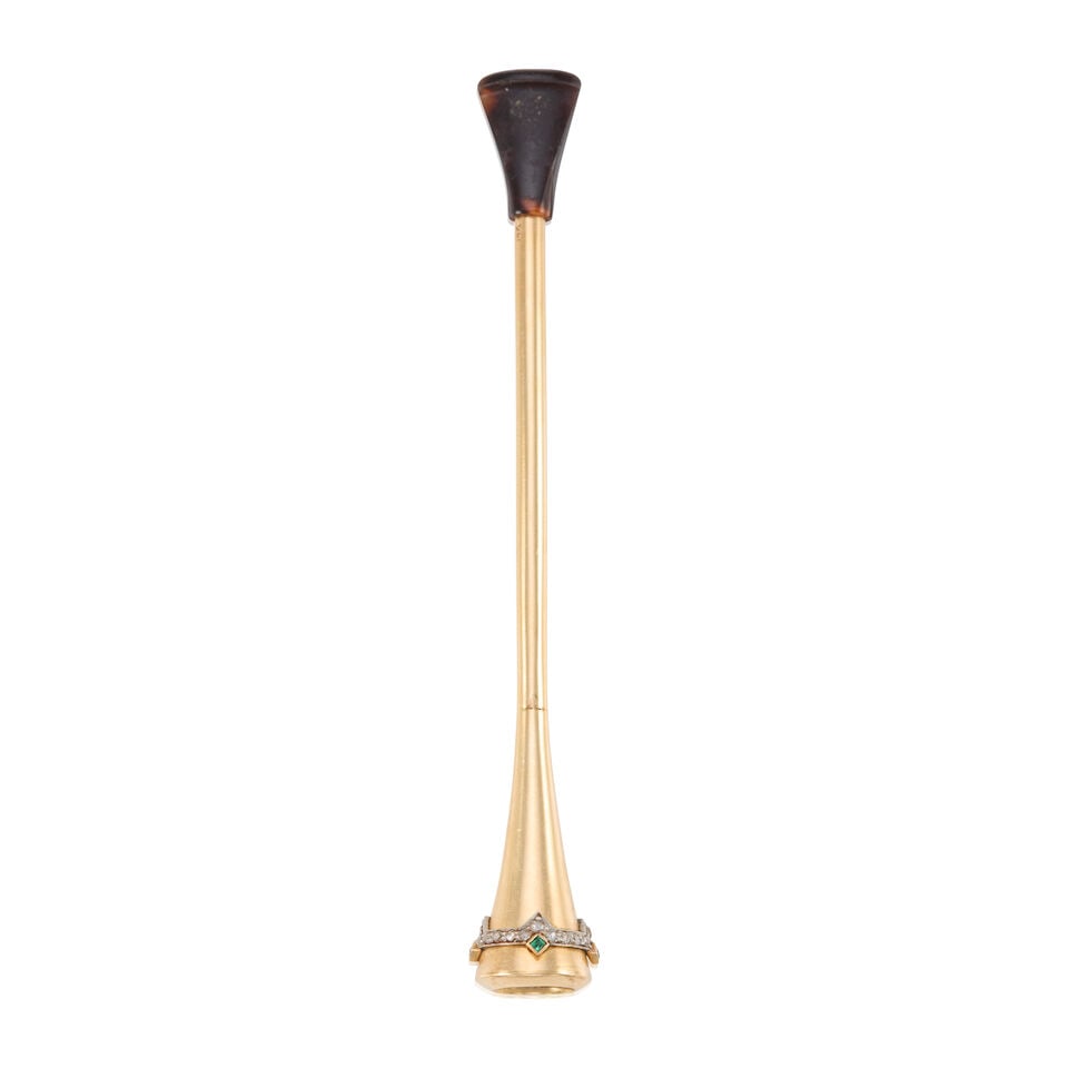 ANTIQUE 14K GOLD, DIAMOND, AND EMERALD CIGARETTE HOLDER: ANTIQUE 14K GOLD, DIAMOND, AND EMERALD CIGARETTE HOLDER • 14k yellow gold • Four square shaped emeralds weighing approximately 0.08 carat total • Numerous roughcut diamonds •