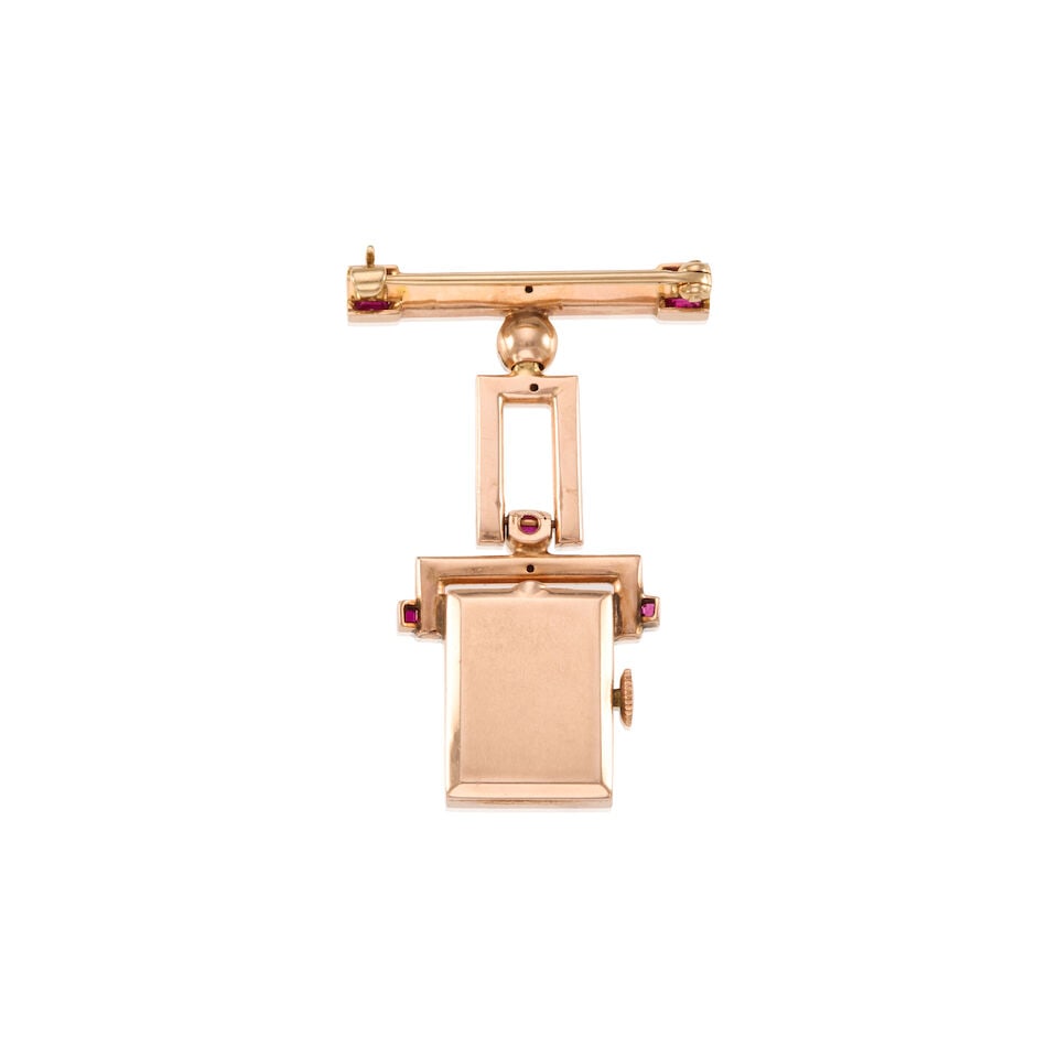 RETRO ERA 14K GOLD AND SYNTHETIC RUBY WATCH BROOCH - 2