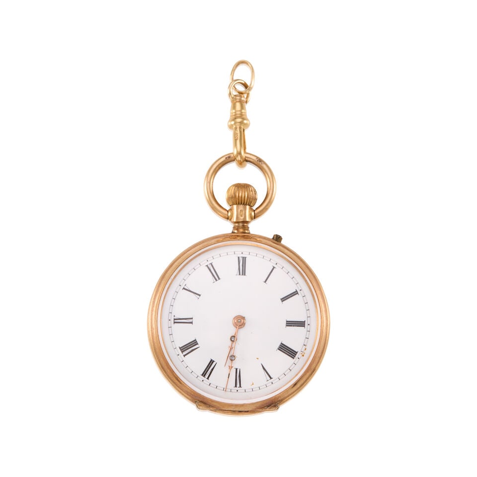 14K GOLD POCKETWATCH: 14K GOLD POCKETWATCH • 14K yellow gold • Manuel movement currently not running and accurate timekeeping not guaranteed • Case length: 30.5 mm • Measures 2 in. x 2 13/16