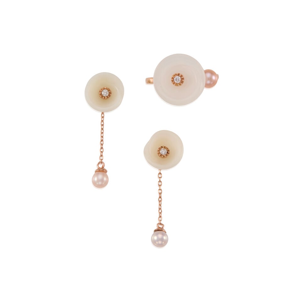 14k GOLD, WHITE JADE, CULTURED PEARL, AND DIAMOND SET: 14k GOLD, WHITE JADE, CULTURED PEARL, AND DIAMOND SET • One 14K rose gold ring with a carved jade measuring approximately 12.78mm in diameter, one cultured pearl measuring approximately 4.43mm