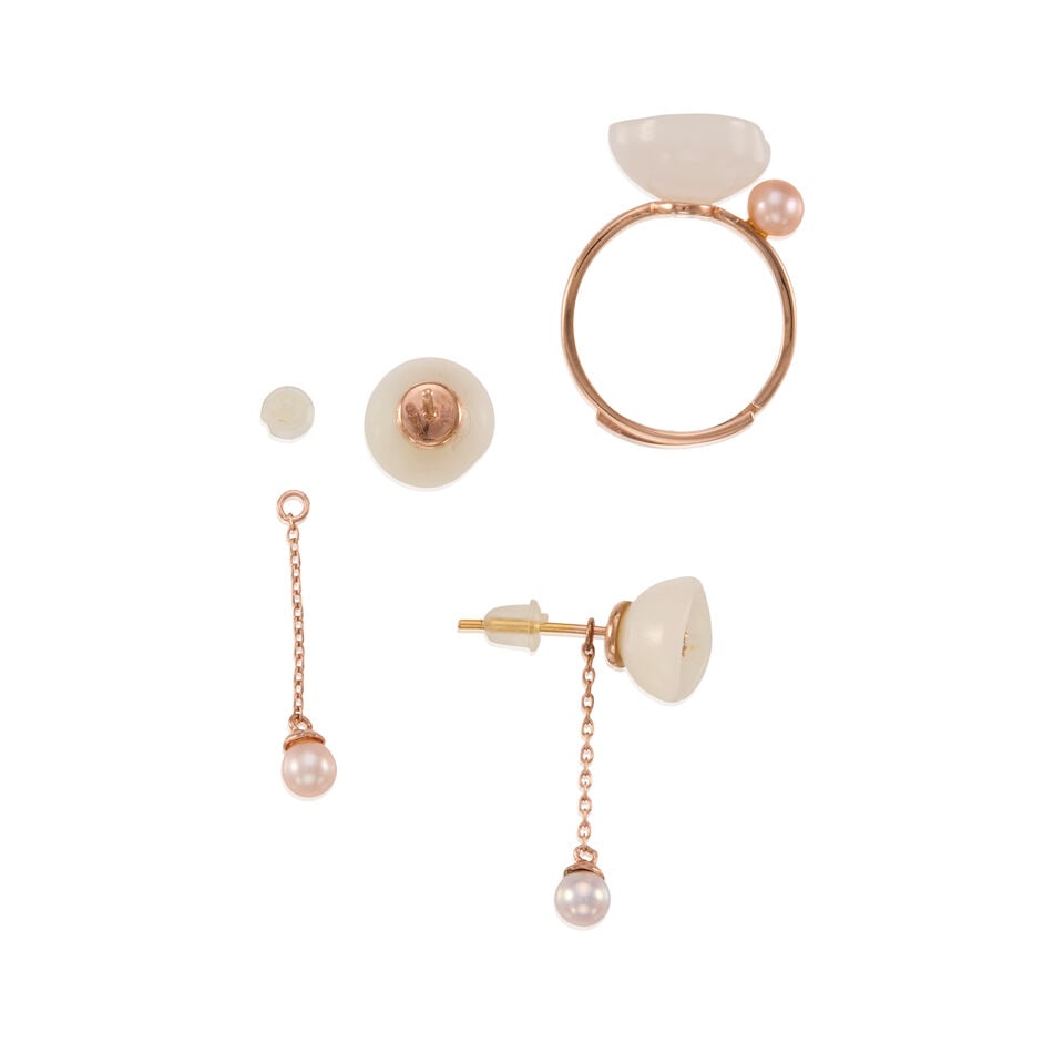 14k GOLD, WHITE JADE, CULTURED PEARL, AND DIAMOND SET - 2