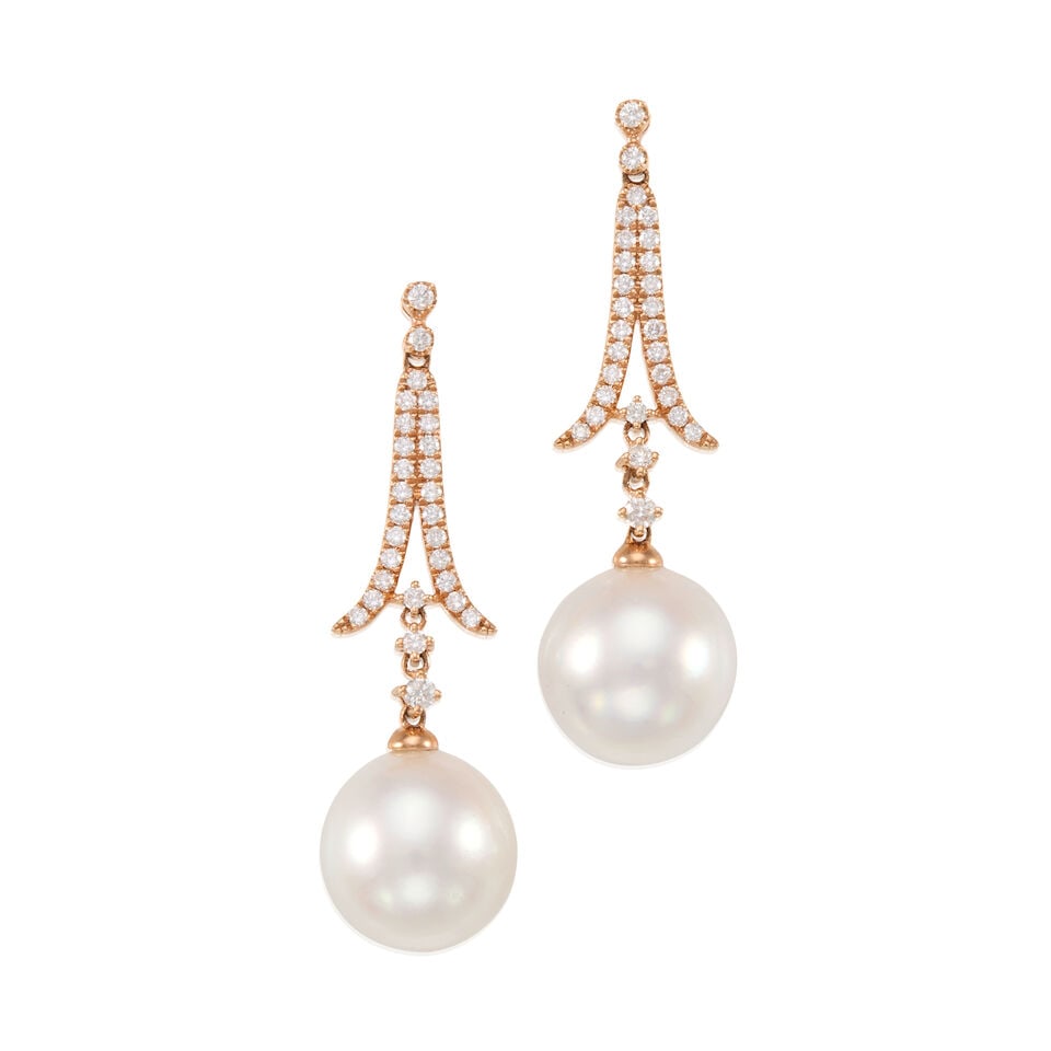 PAIR OF 18K GOLD, CULTURED PEARL AND DIAMOND EARRINGS (1 of 2)