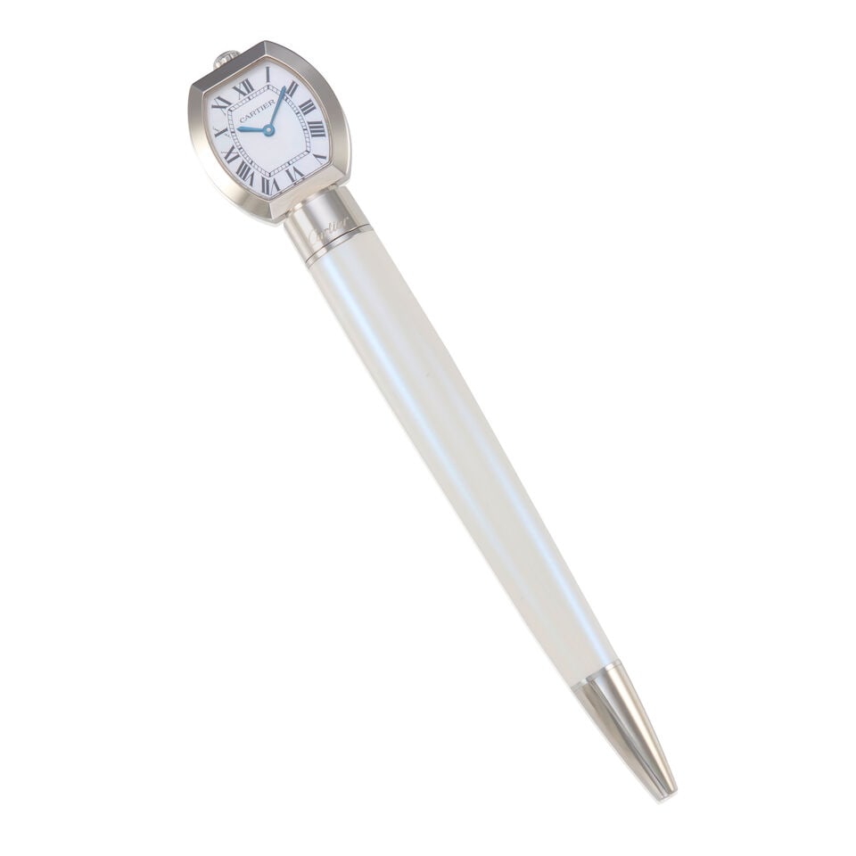 CARTIER: PEN WITH MOTHER OF PEARL WATCH: CARTIER: PEN WITH MOTHER OF PEARL WATCH • Stainless Steel, pearl-white lacquer body, and mother of pearl dial • Signed CARTIER on the dial and pen • With signed pouch and