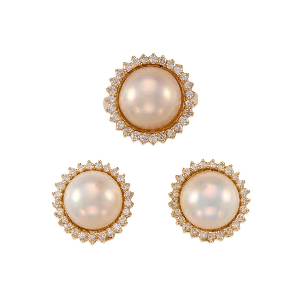 14K GOLD, CULTURED PEARL, AND DIAMOND SET: 14K GOLD, CULTURED PEARL, AND DIAMOND SET • One 14K yellow gold ring with one cultured pearl measuring approximately 13.32mm in diameter, with numerous round shaped diamonds weighing