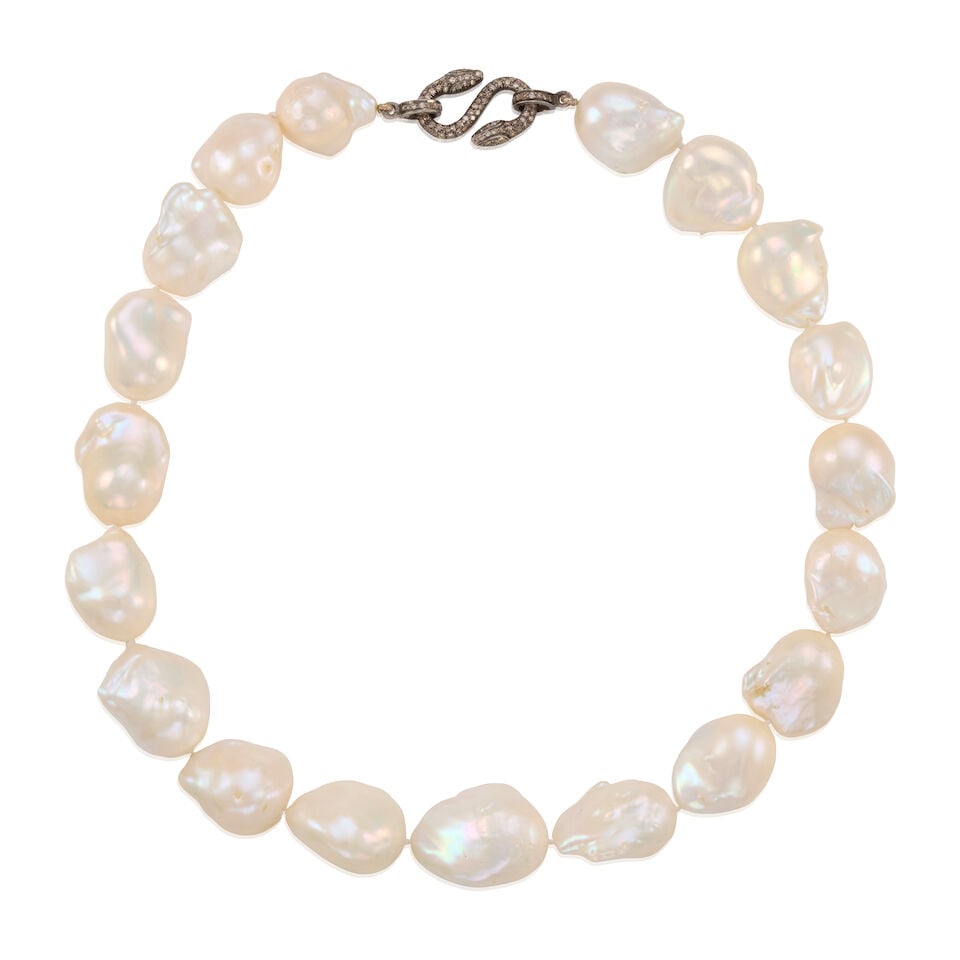SILVER, CULTURED PEARL, AND DIAMOND NECKLACE: SILVER, CULTURED PEARL, AND DIAMOND NECKLACE • Silver • Various baroque cultured pearls measuring approximately 17.70mm to 22.60mm in diameter • Numerous round shaped diamonds