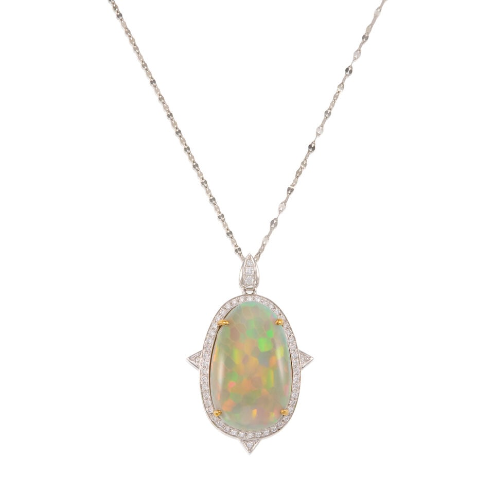 PLATINUM, OPAL, AND DIAMOND PENDANT NECKLACE: PLATINUM, OPAL, AND DIAMOND PENDANT NECKLACE • Platinum • One Ethiopian opal measuring 23.40mm x 14.08mm x 10.01mm • Numerous round shaped diamonds weighing approximately 0.30 carat