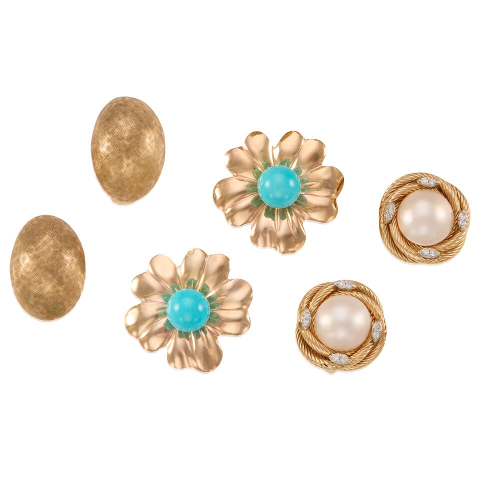 GOLD, CULTURED PEARL, AND TURQUOISE EARRINGS: GOLD, CULTURED PEARL, AND TURQUOISE EARRINGS • One pair of 14K gold earrings, measuring 7/8 in. x 9/16 in. • One pair of 13K gold earrings, with two cultured pearls measuring