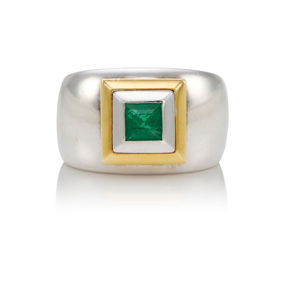 18K BICOLOR GOLD AND EMERALD RING: 18K BICOLOR GOLD AND EMERALD RING • 18k white and yellow gold • 1 square-shaped emerald 0.40 - 0.50 carat • Maker's mark • Size 6 3/4 • Estimated gross weight: 26.4