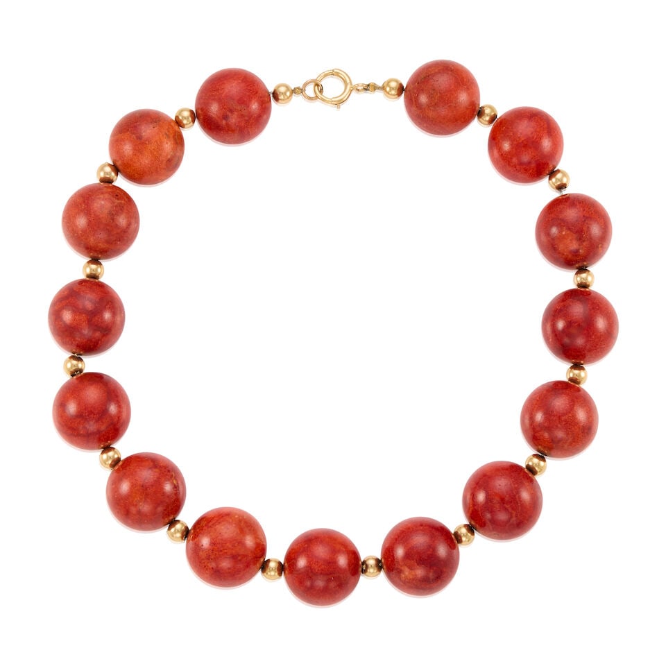 14K GOLD AND HARDWOOD NECKLACE: 14K GOLD AND HARDWOOD NECKLACE • 14K yellow gold • Numerous dyed wood beads measuring approximately 21.72mm in diameter • Length 15 1/2 in. • Estimated gross weight: 147.7