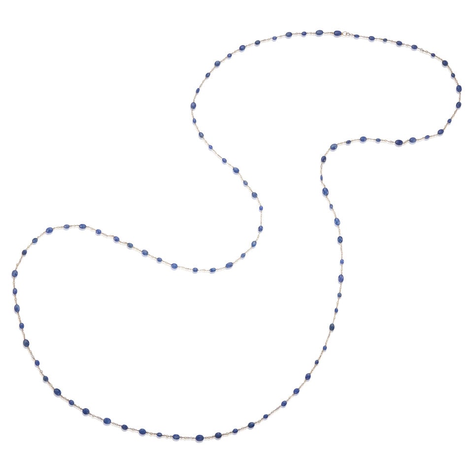14K GOLD, SAPPHIRE, CULTURED PEARL, AND DIAMOND NECKLACE: 14K GOLD, SAPPHIRE, CULTURED PEARL, AND DIAMOND NECKLACE • 14K white gold • Numerous drilled sapphire beads measuring approximately 3.80mm to 5.60mm in diameter • Numerous drilled